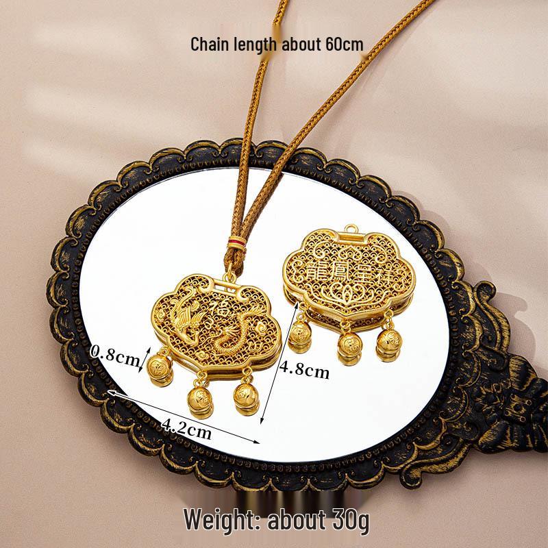 Vietnamese Sand Gold Ruyi Lock Necklace with Dragon & Phoenix Design