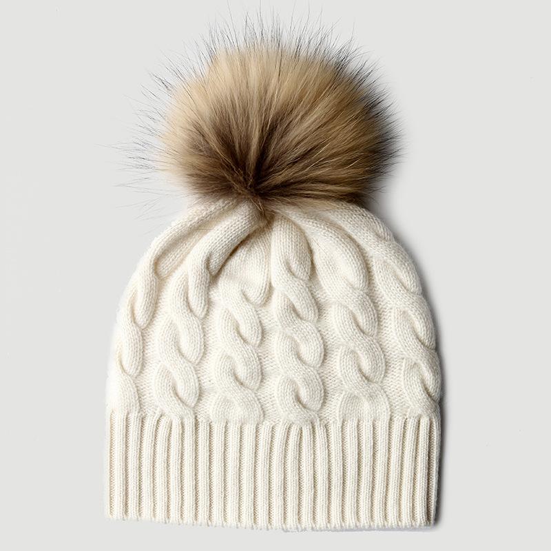 Ladies Cashmere Cable Knit Pom Pom Beanie, Solid Color Thick Warm Winter Hat
