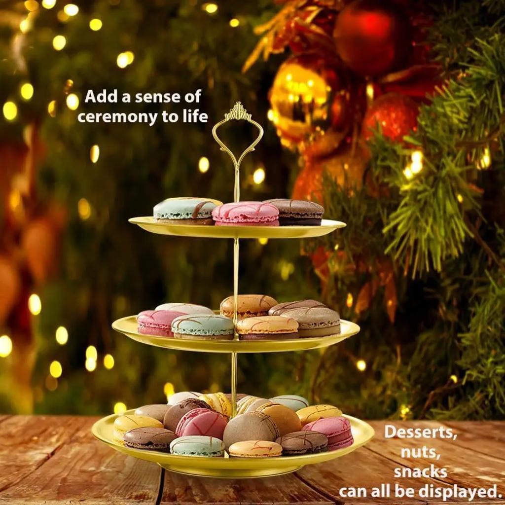 Goldener 3-stöckiger Dessert-Kuchenständer 27x27cm, Eleganter Servier-Display-Turm für Feiertagsparty-Treffen, Halter für Kuchen und Snacks