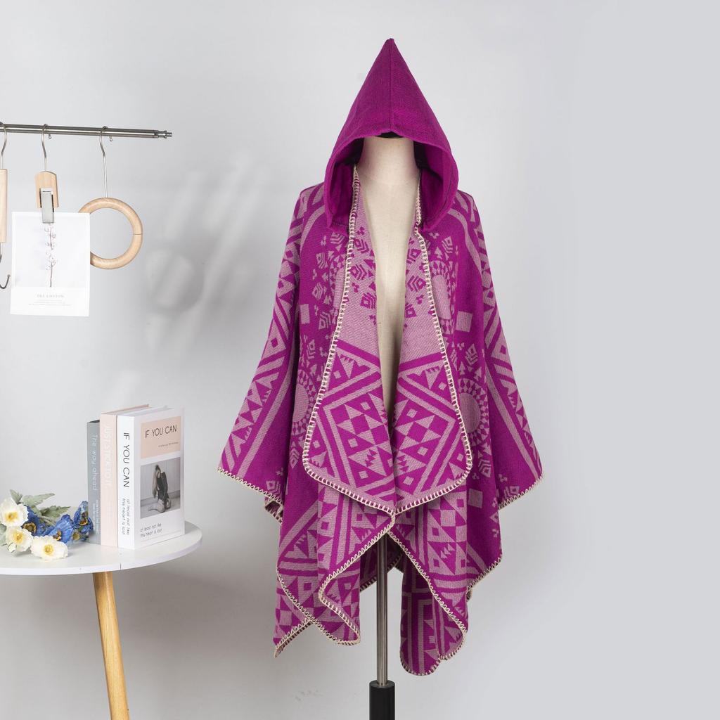 Geometric Double-Sided Knitted Cloak Blue Travel Exterior With High-End Large Cloak Women'S Air-Conditioned Room Thermal Cloak