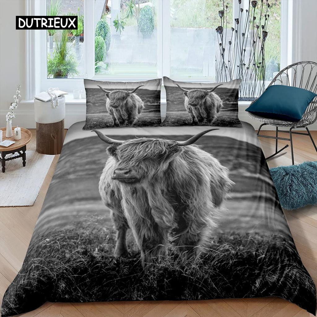 Highland Cow Duvet Cover King Sunflower Black Cattle Bedding Set Microfiber Farm Animal Cow Western Farmhouse Cattle Quilt Cover