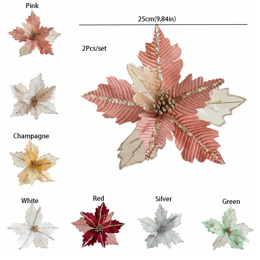 2Pcs/set Glitter Artificial Christmas Flowers Simulation Xmas Tree Ornaments  Christmas