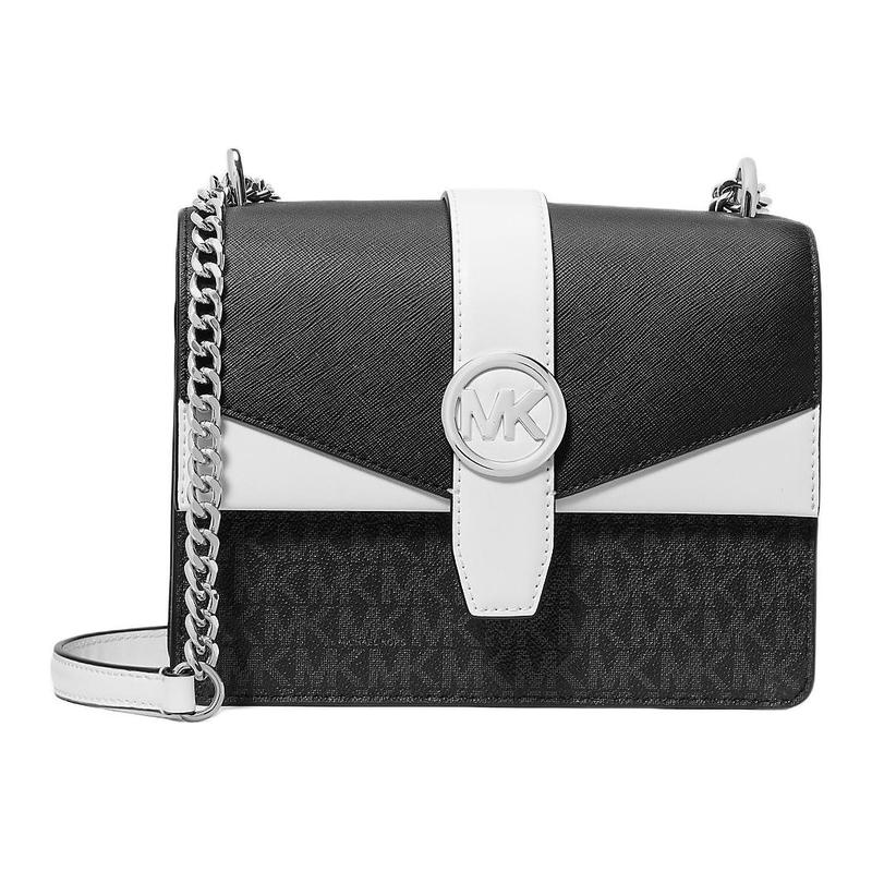 MICHAEL KORS Greenwich brand logo printed chain shoulder strap, artificial leather, crossbody shoulder bag, small size, women's black and white