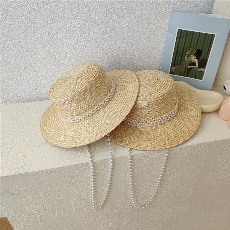 French pearl neck chain flat top straw straw hat sun hat women's summer versatile temperament socialite seaside hat