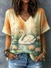Women's Leaf Print V Neck T-Shirt, Short Sleeve Casual Tops, Stylish Autumn Vibe Daily Wear for Spring & Summer
