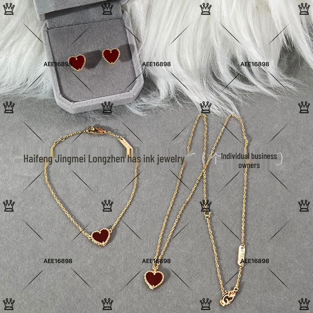 Gold Heart 925 Sterling Silver Rose Gold Plated Red Heart Choker Necklace, Stud Earrings & Bracelet Women's Set