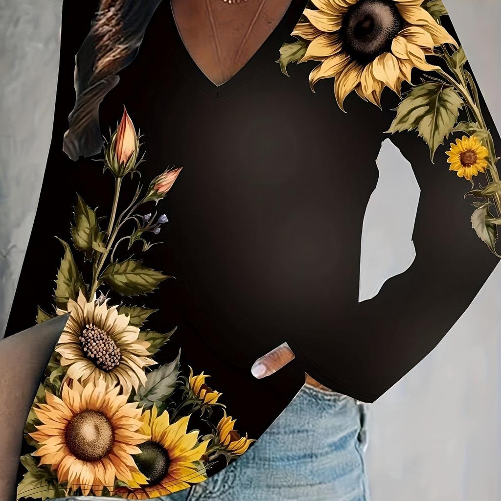 Sunflower Print Long Sleeve V Neck T-shirt T-shirts with Casual Style for Spring Comfortable Women's
