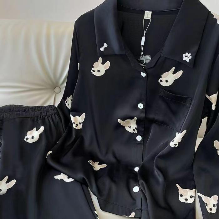 

Пижама из ледяного шелка женская с длинным рукавом кружевная премиум-класса Sense из двух частей милая домашняя одежда M чёрный