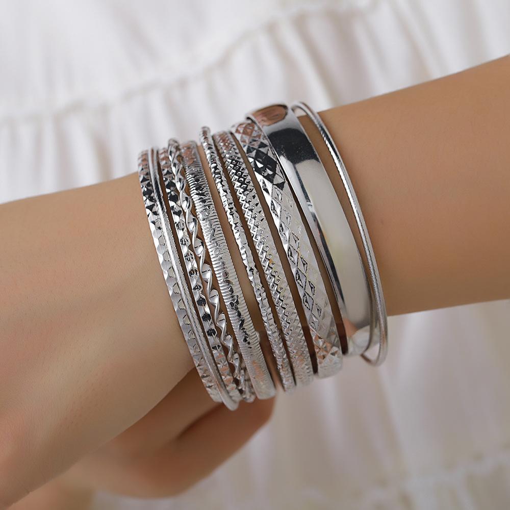 New metal bracelet set, female exaggerated bohemian feng shui ripple smooth surface stacked bracelet 10-piece set