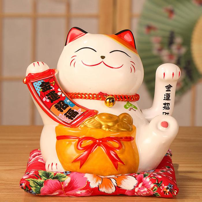 6 Inch Fortune Cat with Waving Arm Ceramic ManekI Neko Feng Shui Ornament Lucky Cat for Shops, Restaurants and Home Deoration
