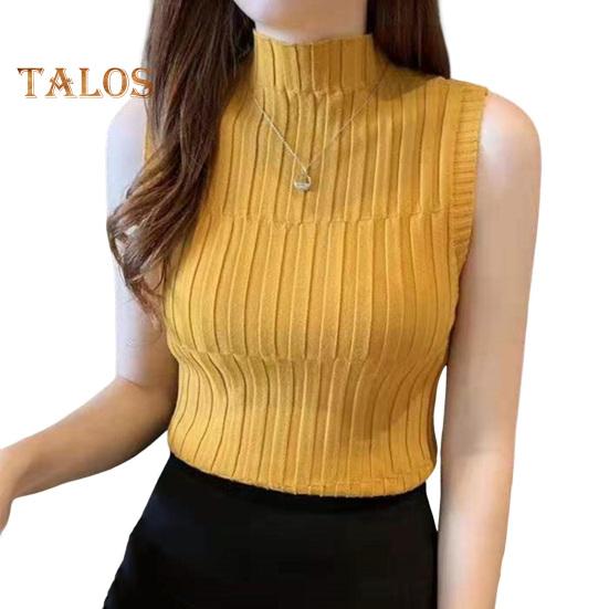 Women Summer Bottoming Vest Half High Collar Sleeveless Knitting Tops Slim Fit Solid Color Tank Tops Streetwear