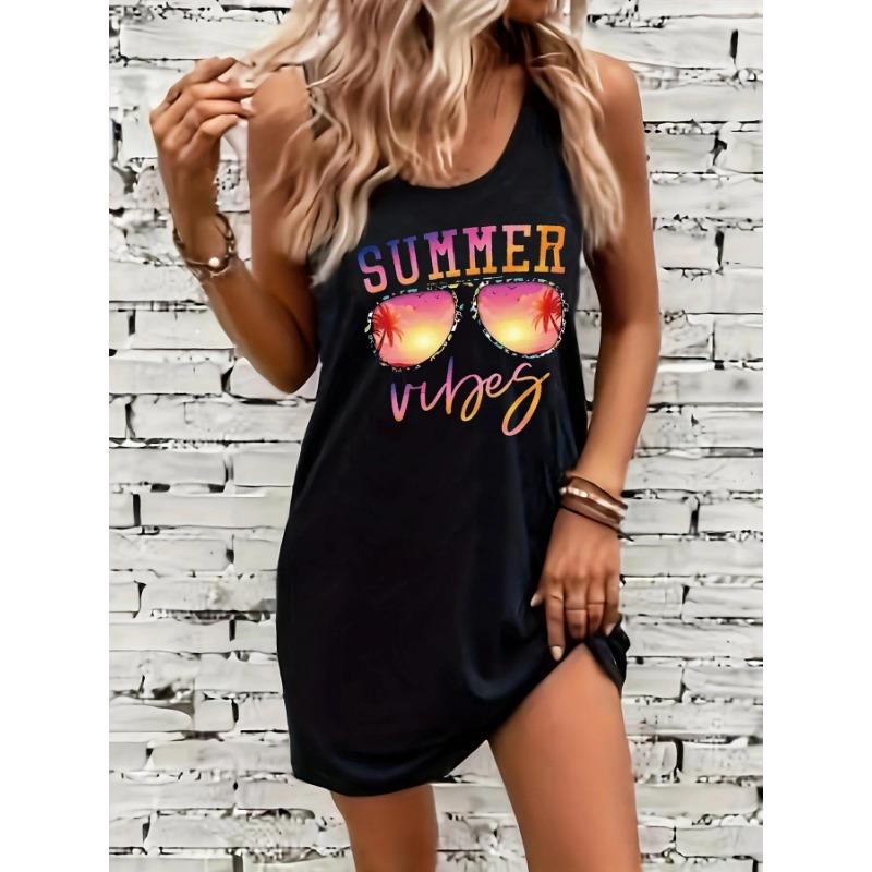 Women's Summer Loose and Comfortable Casual Heart-shaped Pattern Printed Black Sleeveless Vest Dress Punk Style Dress