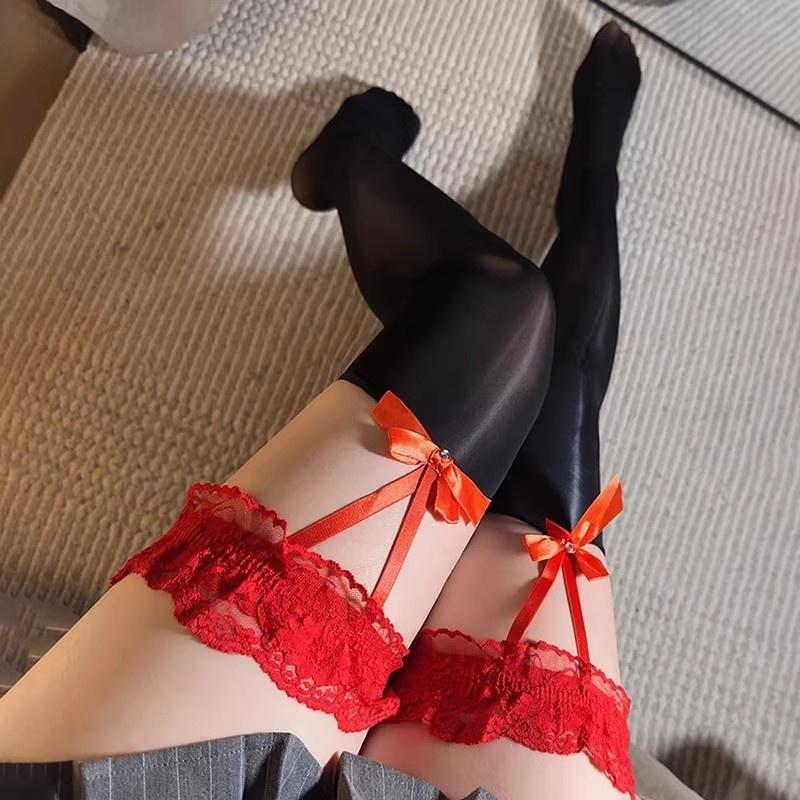 Contrast Color Lace Patchwork Thigh High Stockings Ruffle Thigh Garters Suspender Socks Women Sexy Oil Shiny Cosplay Lingerie