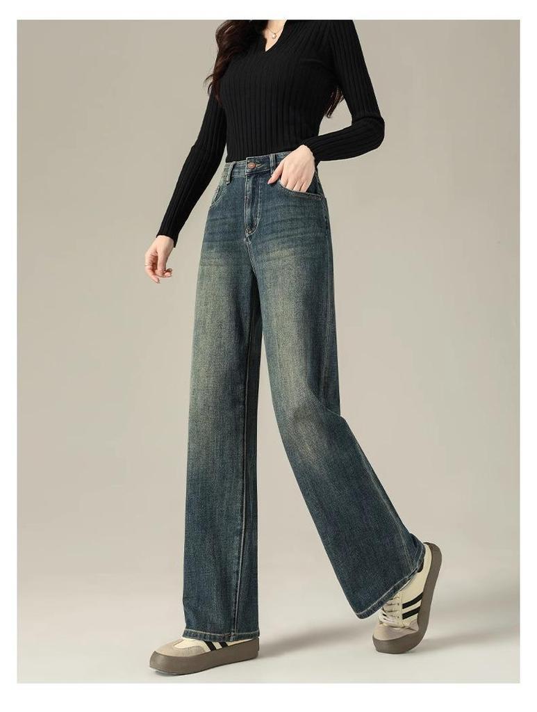 Women's High-Waisted Wide-Leg Pants, 2025 Retro Blue Jeans - Spring/Autumn Slimming Style with Drape and High-End Feel