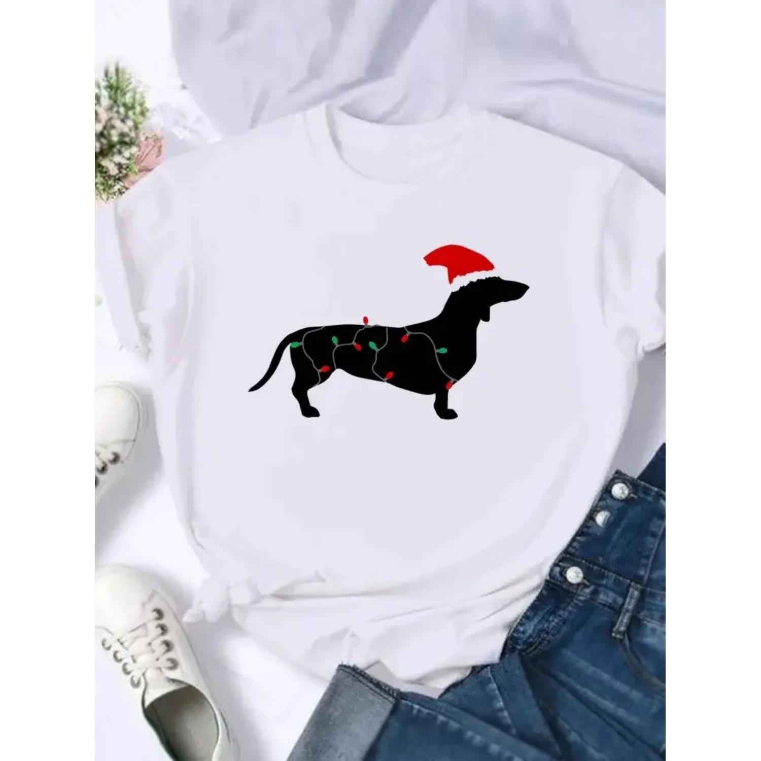 

Dog Cartoon Sweet Women Holiday Clothing Merry Christmas Fashion Female New Year T-shirts Shirt Print T Top Graphic Tee XXXXXL білий