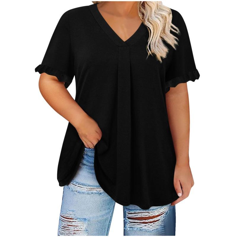 Women S Plus Size Casual Solid Short Sleeve Petal Sleeve V Neck Top