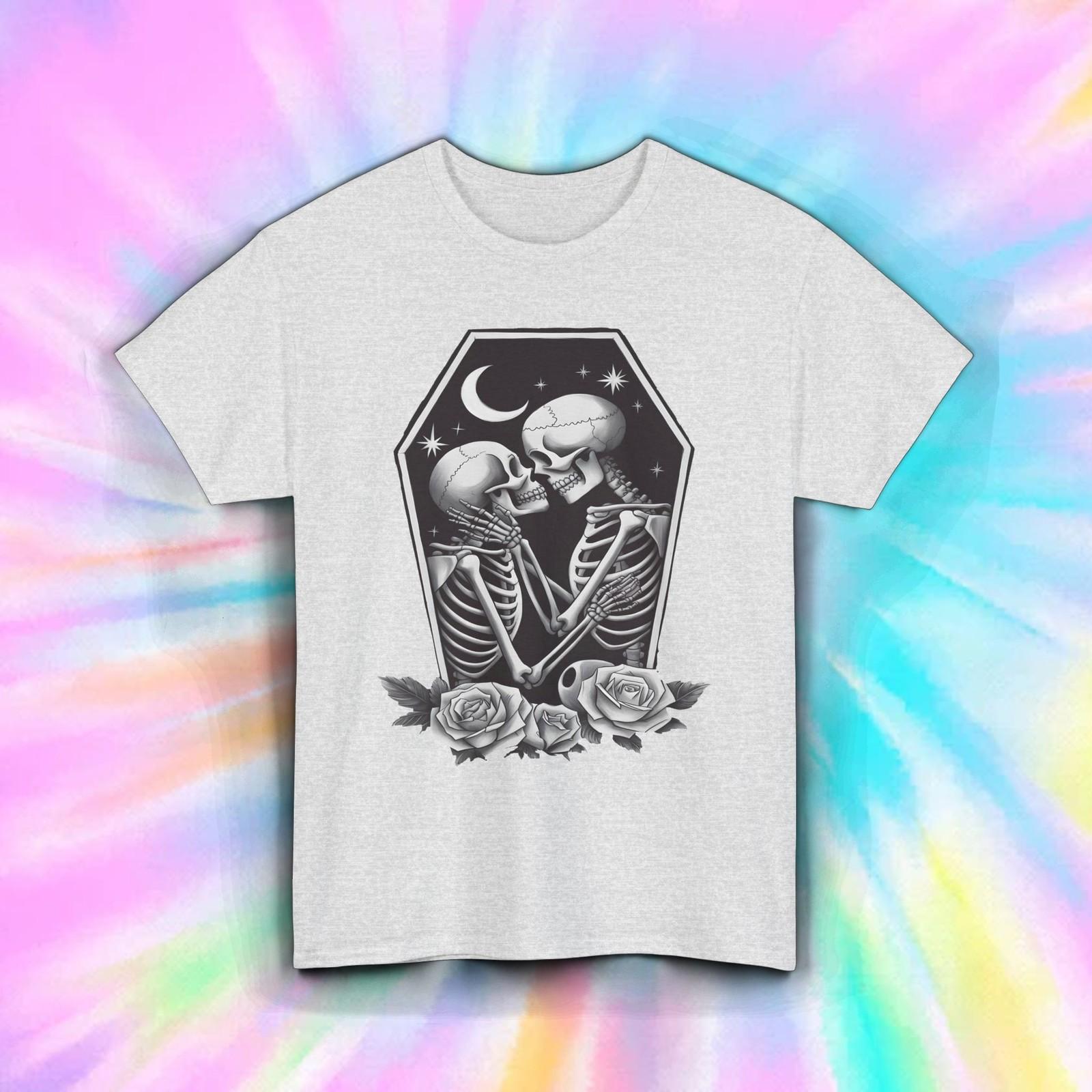 Skeleton Couple Shirt Gothic Romance Love Coffin Moon Rose Art Tee S-5XL S разноцветный
