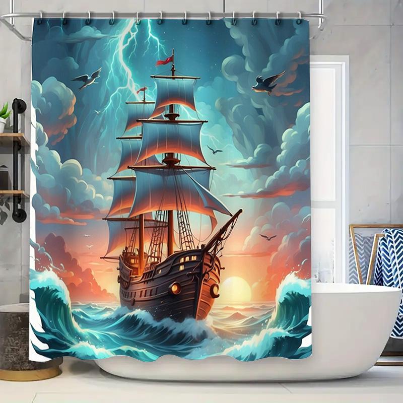

High-quality shower curtain featuring a stormy seascape with majestic ships perfect for creating an oceanic atmosphere in any ba 90x180cm