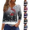 Women's Fashion Casual Christmas Print V-Neck 3/4 Sleeve Button T-Shirt Top
