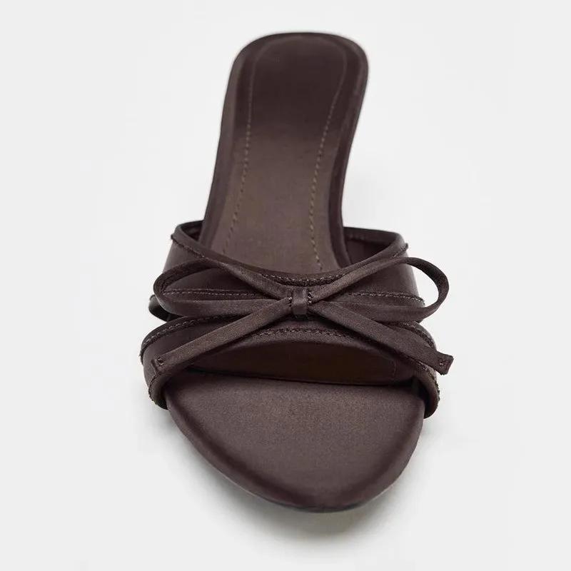 Fashion Sweet Bow Slippers for Women 2025 New Summer Thin Heel Flip-flops Versatile Pointed Toe Open Toe High Heel Cool Mop