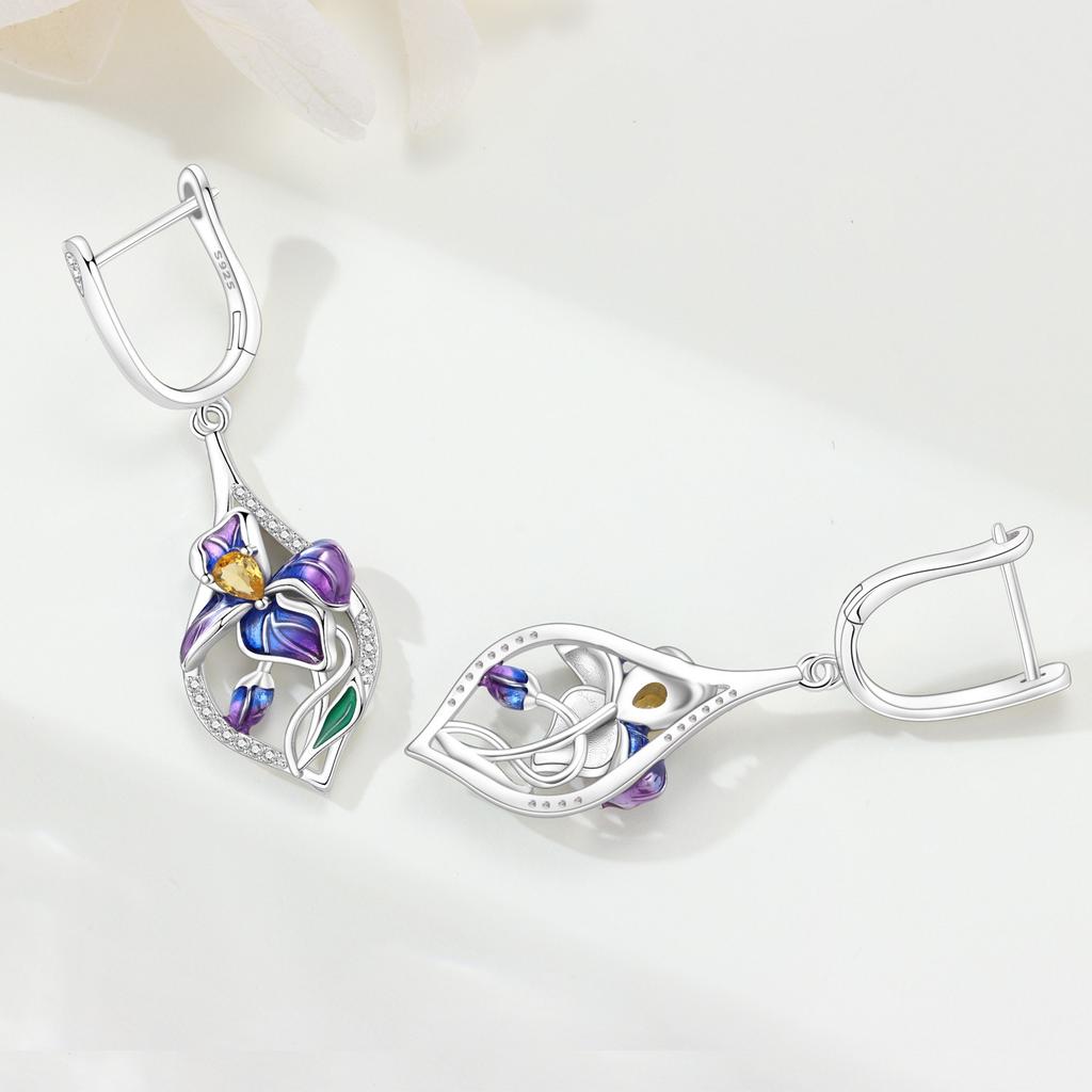 Orstarry 925 Silver Blue Purple Iris Flower Drop Earrings Women Earrings Charm Trend Versatile Party Jewelry Gifts