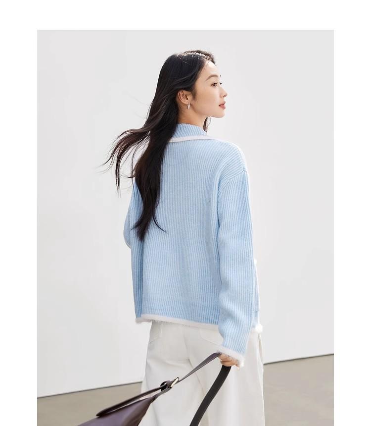 Turn Down Collar Contrast Sweater Jacket Pocket Knitted Zip-Up Cardigan