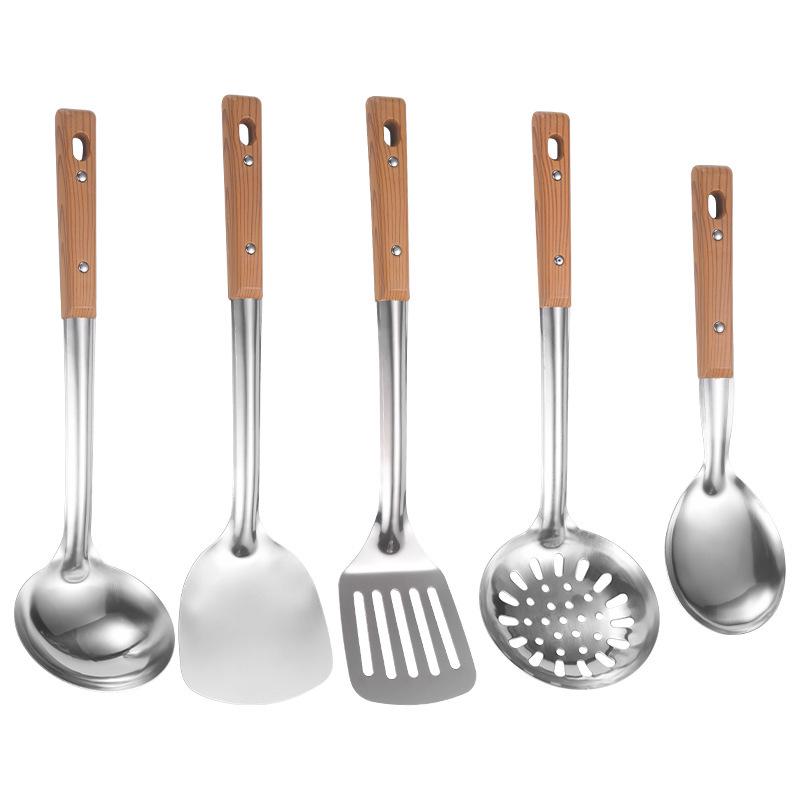 Stainless Steel Kitchen Utensil Set: Slotted Spoon, Soup Spoon, Frying Pan Spatula, Rice Spoon, Stir-fry Spatula.