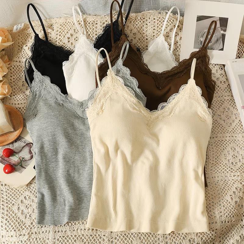 Bow Lace Spaghetti Strap Camisole Women Padded Backless Crop Tank Top