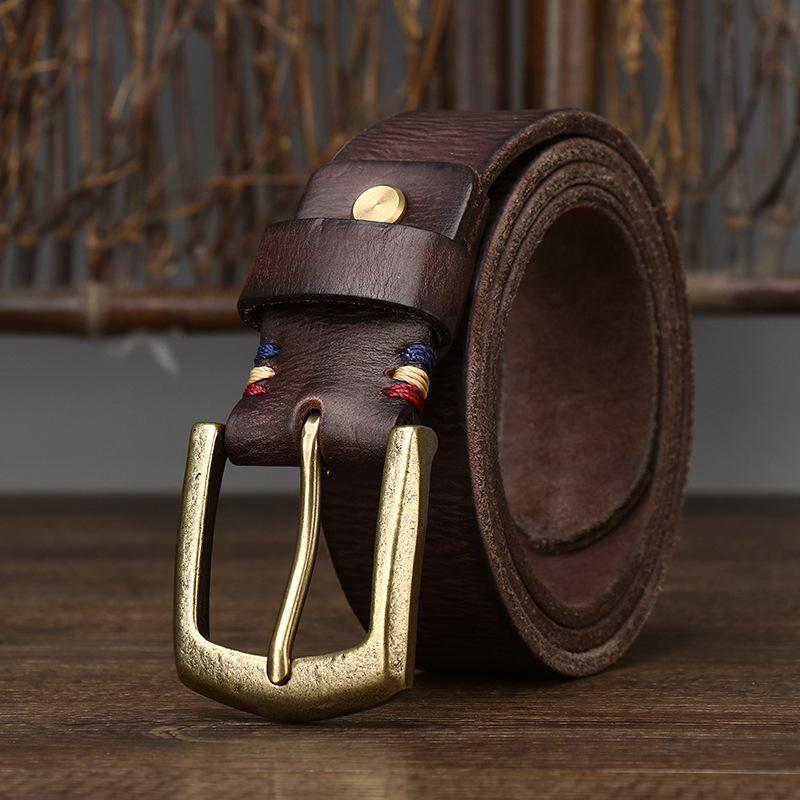 Belt Men's Thick Retro Vegetable Tanned Cow Leather Brass Buckle Belt Men's Casual Rough Fashion