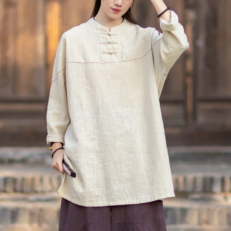 Johnature Women Vintage Shirts Tops Spring Chinese Style Solid Color Stand Long Sleeve Blouses