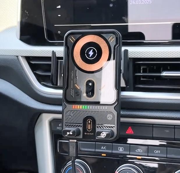 Univerzální bezdrátový držák nabíječky do auta s automatickým snímáním, elektrický teleskopický, 360° otočný, s okolním osvětlením pro iPhone 17 16 15 Samsung