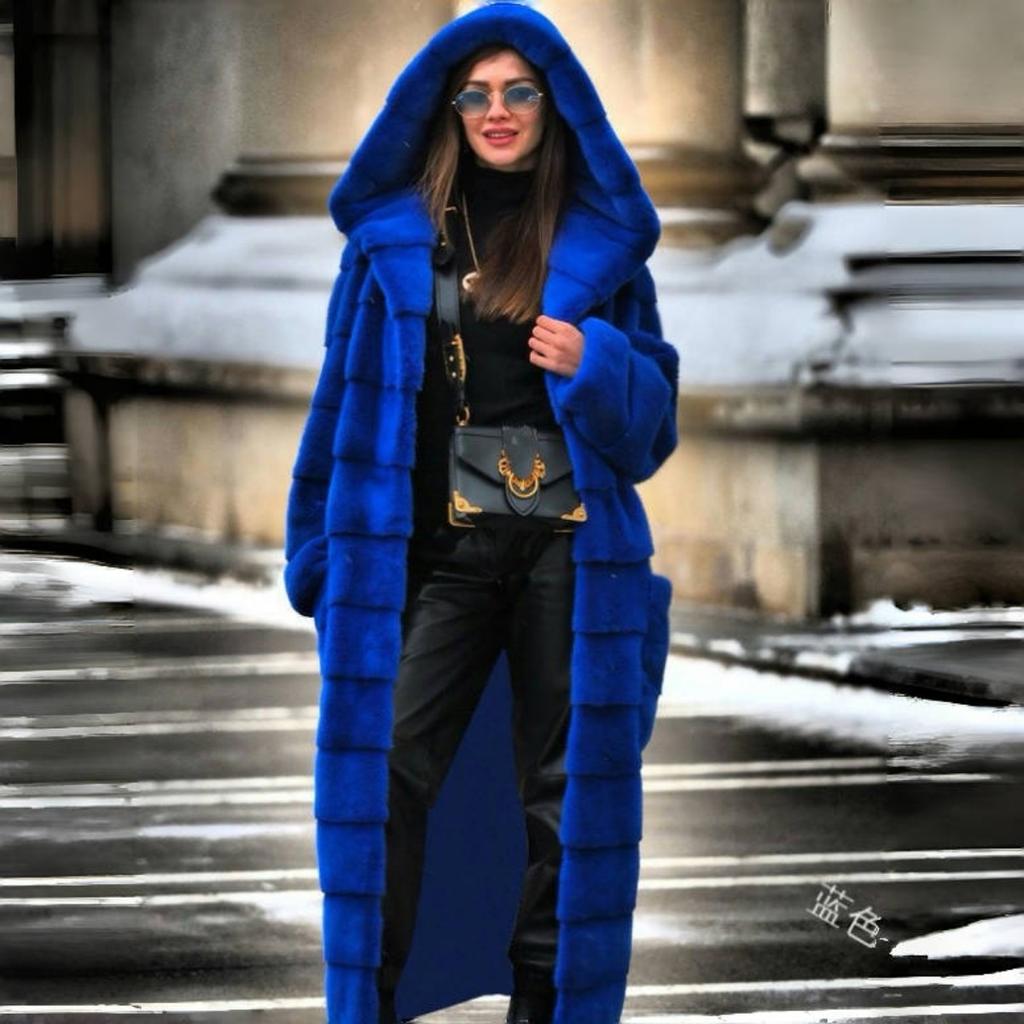 VAYLA Luxuriöser Langer Kunstfellmantel mit Kapuze Winterfelljacke Damen Fellrobe Winddichtes Design Langärmliger Cardigan Warm Dick Große Größe