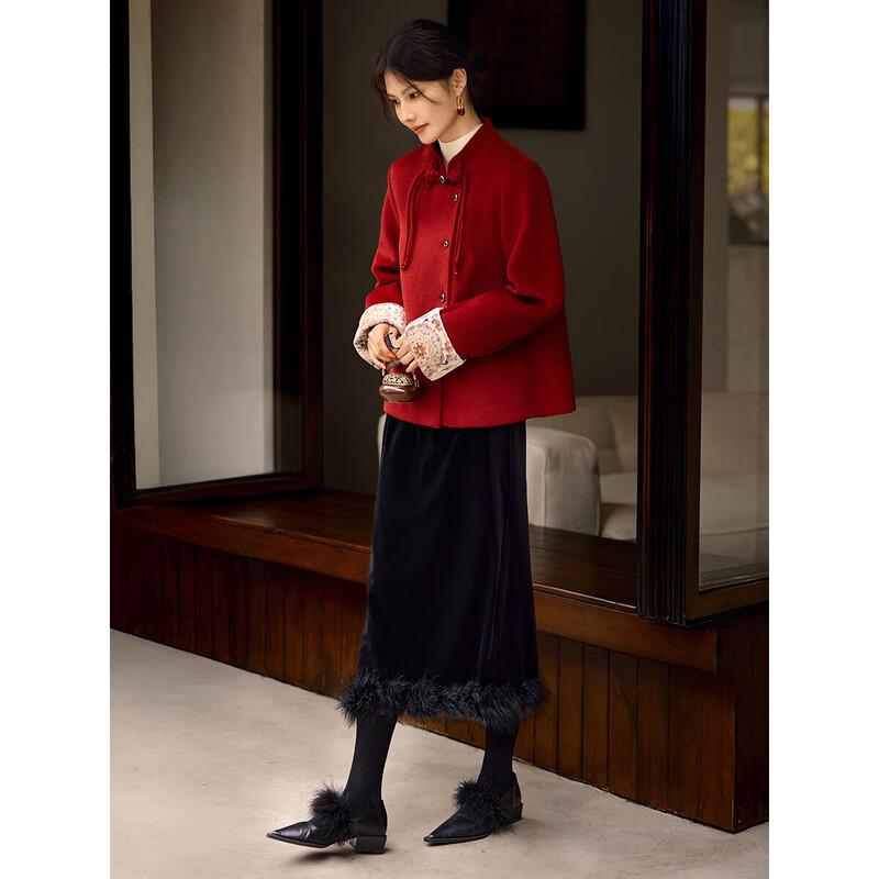XWI Women's New Chinese Style Velvet Trim Wool Coat