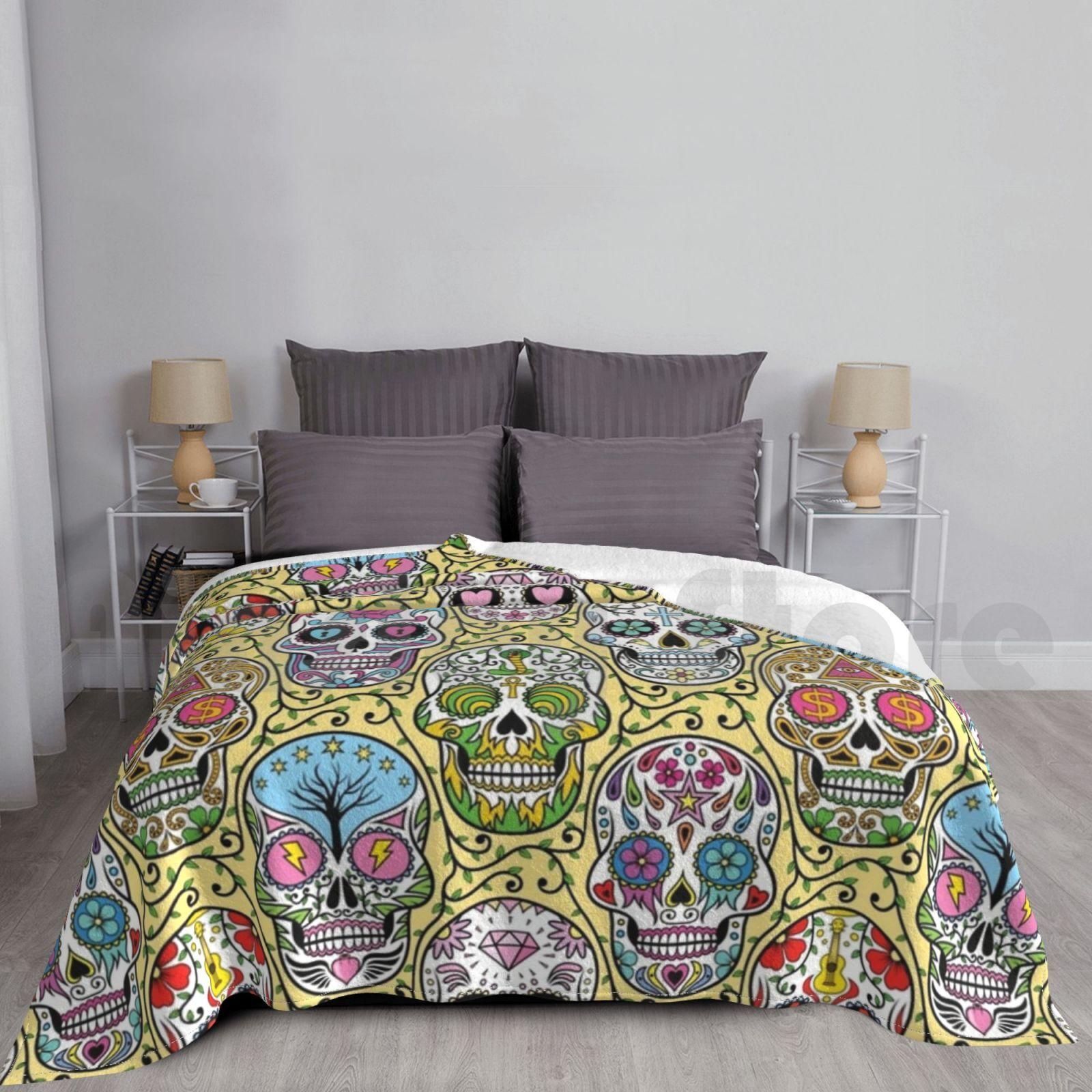 Sugar Skull Mexican Yellow Blanket Fashion Custom 100 Sugar Skull Mexican Mexico Day Of The Dead Dead Skulls Size: 75*100cm, Weight: 230 GSM