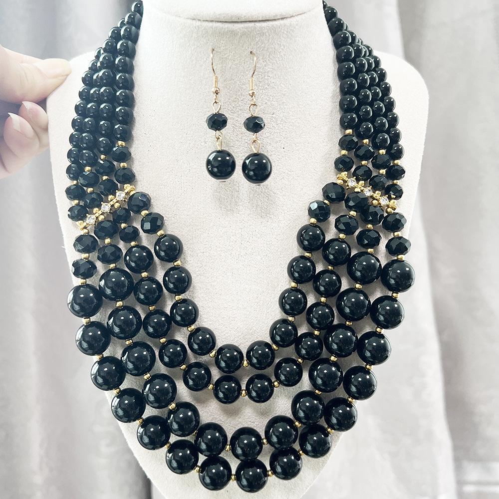 Multi-layer Handmade Imitation Pearl Crystal Beaded Necklace Earring Jewelry Set for Women Party Accessories