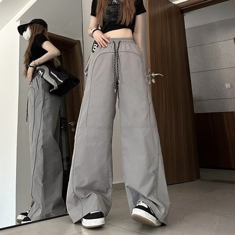 Unisex American-Style Drawstring Wide-Leg Athletic Pants - Loose Fit, Unique Design, Functional Lightweight with Reflective Details