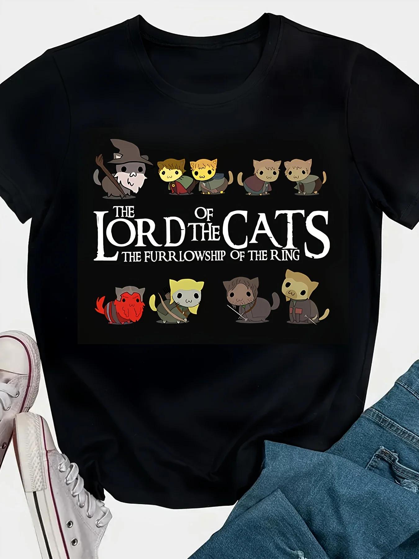 Womens Casual Short Sleeve TShirt The Lord of the Cats Fantasy Cartoon Print Round Neck Tee with Whimsical Cat Characters S