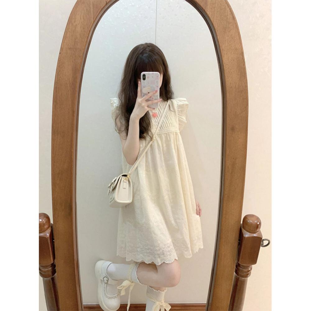 Forest embroidery small flying sleeve dress women's summer sweet little white skirt loose slimming doll skirt