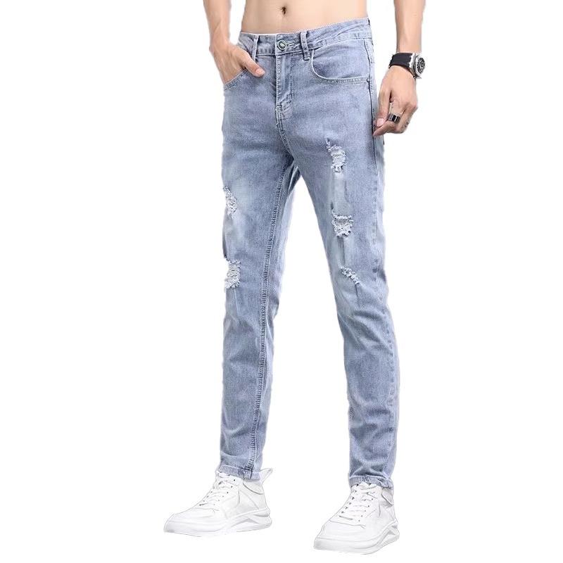 Pánské džíny slim fit v korejském stylu s rozparky - Světlá barva devítibodové skinny kalhoty na jaro a podzim