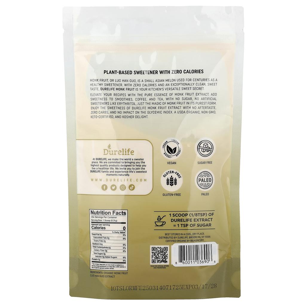 DURELIFE NUTRITION LLC, Organic Monk Fruit Extract Powder, 142g (5oz)