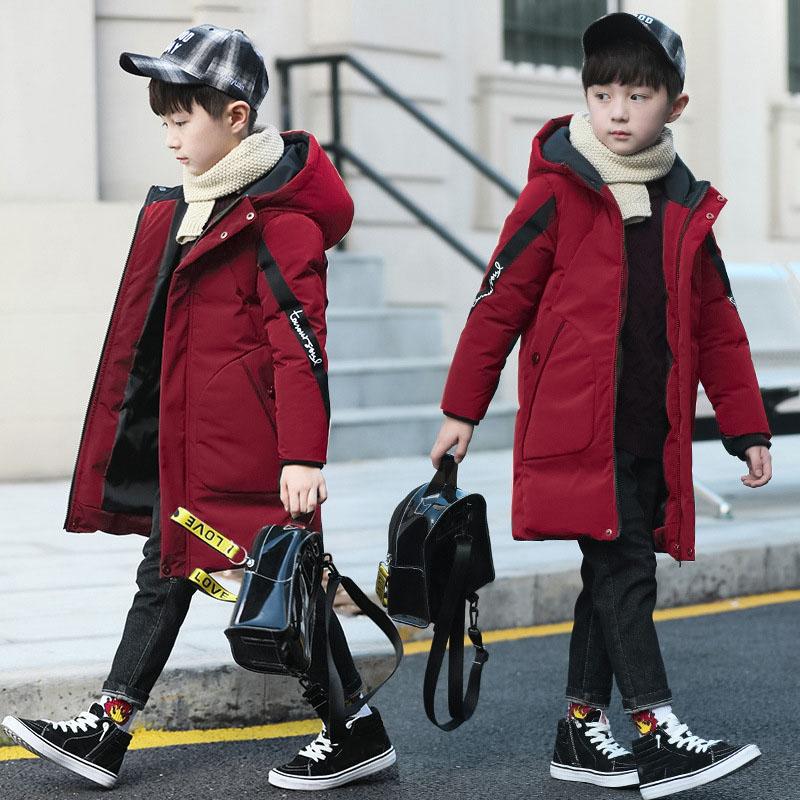 Warm Winter Boys Jacket Teenager Mid Length Plus Velvet Thickening Hooded Cotton Coat Kids