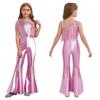 Kids Sparkly Jumpsuit Off-shoulder Sleeveless Sequin Tassels Flared for Pageant Show