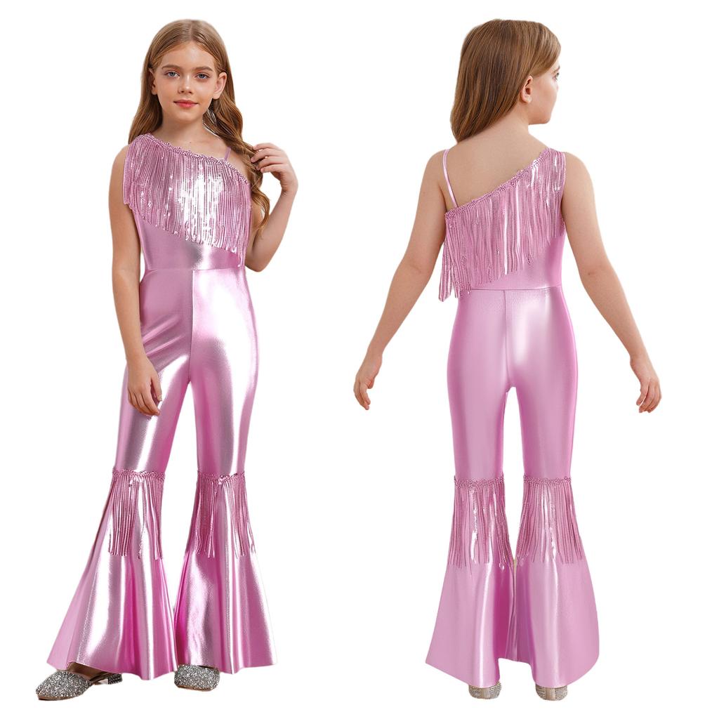 Kids Sparkly Jumpsuit Off-shoulder Sleeveless Sequin Tassels Flared for Pageant Show