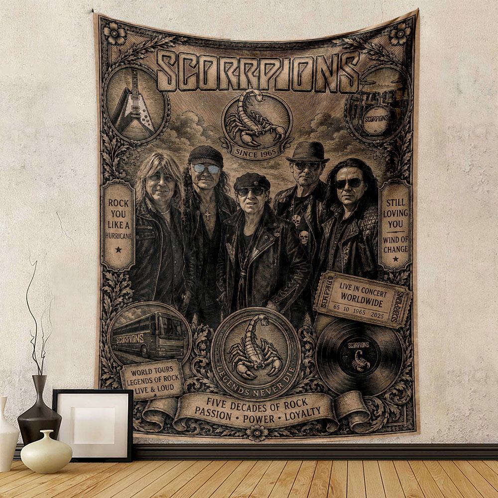 Vintage-style portrait of a rock band with scorpion motifs and text. Patterned tapestry for bedroom and living room home decor