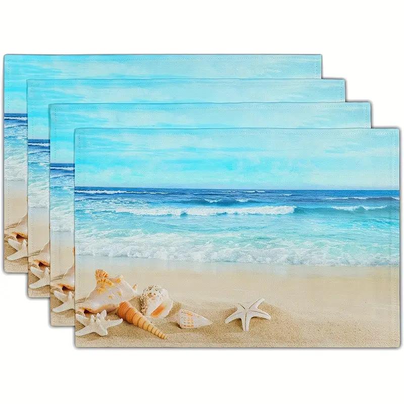4PC Beach Shell Placemat, Blue Ocean Dining Table, Coffee Table Decoration, Anti Fouling and Heat-insulating Placemat