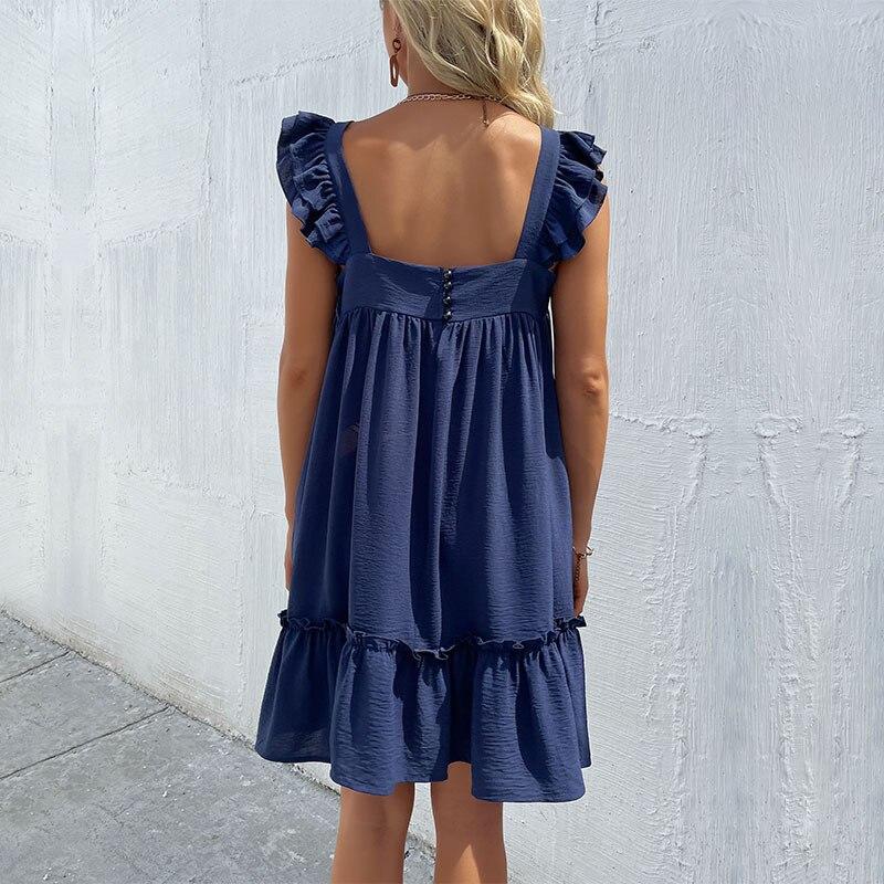 Casual Holiday Backless Beach Dress Summer Square Neck Ruffle Short Navy Dress 2023 Loose Strapless Sexy Dresses Vestidos 26010