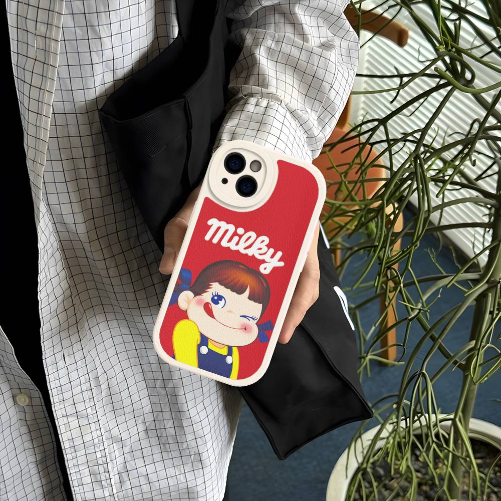 Fujiya Milky Peko Chan Phone Case For IPhone 16 15 14 13 Pro Max 11 12 Plus Leather Silicone Cover