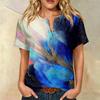 Women's Short Sleeve Linen Cotton Blend Shirt Henley Button Neck Chest Pocket Fashion Abstract Print Casual Top