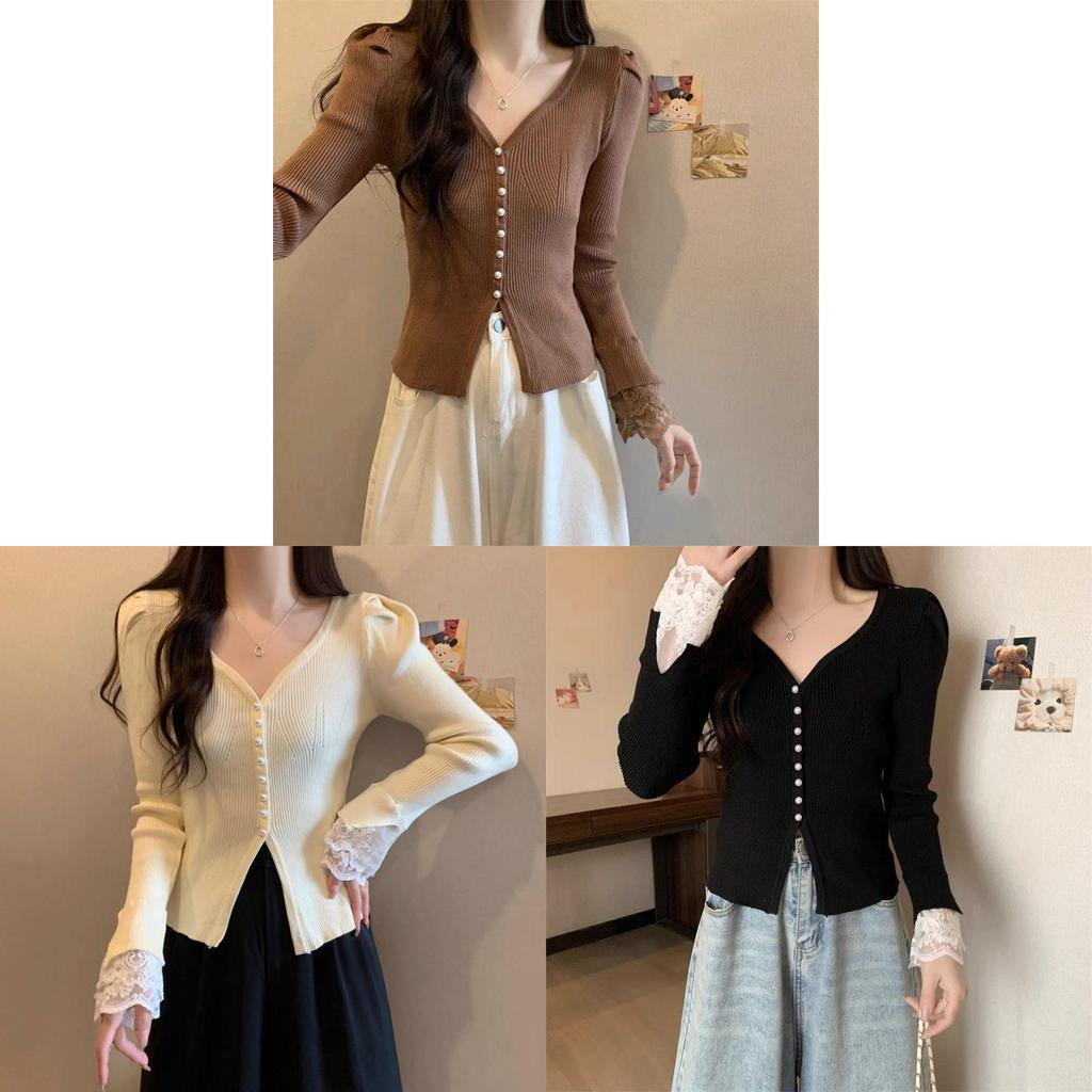 Private Lady Knit Cardigan With Lace Splicing And Princess Sleeves For Spring Wear