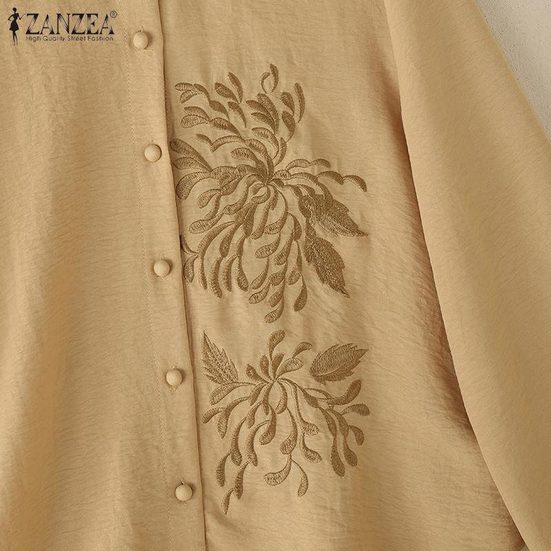 ZANZEA Women Casual Stand Collar Loose Long Sleeve Embroidery Blouse